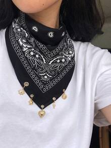 1pc Women's Fashion Western Pattern Cowboy Style Scarf - Versatile Scarf/Bandana With Heart, Fish, Turtle, Sun Pendants, Made Of Polyester, Suitable For Daily Fashionable Outfits - Black - View 2