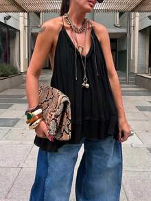 Elegaris Atasan Crop Top Halter Neck Kasual Warna Polos Ringan, Gaya Pantai Bohemian Musim Panas Hitam - Hitam - View 5