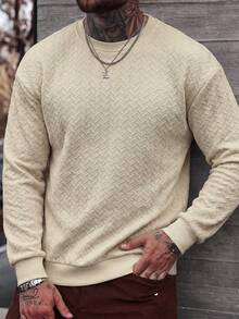 Vintage Wheat Ear Textured Crew Neck Long Sleeve Men's Multi-Scenario Daily Commute Versatile Pullover Sweatshirt - Khaki - View 1