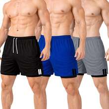 Kit Of 3 Dry Fit Thermal 2-In-1 Training Shorts With Cell Phone Pocket And Towel Holder - Fitness/Gym Shorts - 灰色/黑色/淺藍色 - 查看 1