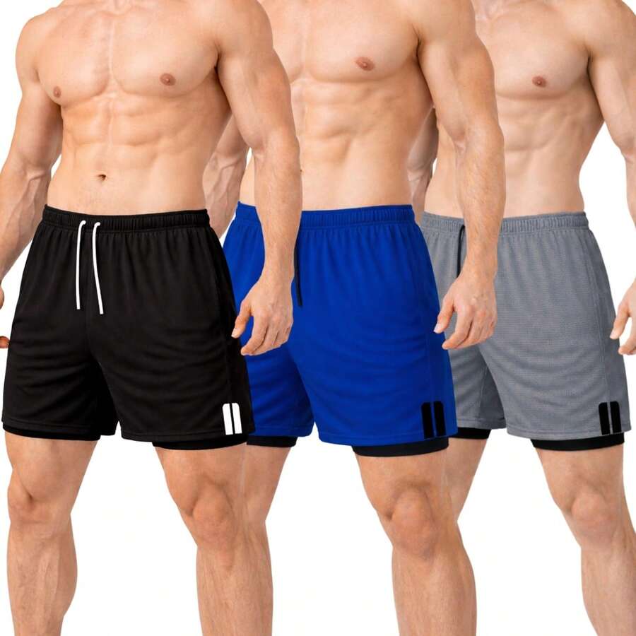 Kit Of 3 Dry Fit Thermal 2-In-1 Training Shorts With Cell Phone Pocket And Towel Holder - Fitness/Gym Shorts - 灰色/黑色/淺藍色 - 查看 1