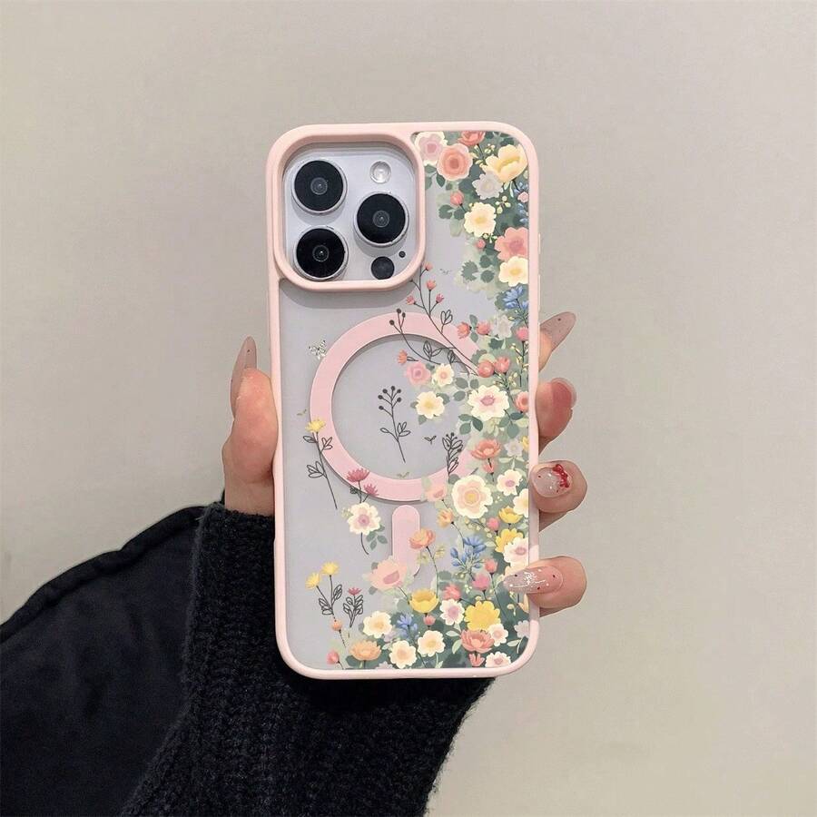 A Stylish Phone Case Does Not Include A Lanyard Or Stand. This Clear Magnetic Case Features A Macaron Pink Design With Colorful Floral Patterns And Is Made Of Acrylic Material, Making It Shock And Drop Resistant. It's Suitable For IPhone 16, 15, 14, 13, 12, And 11 Pro Plus Models And Is A Great Choice For Personal Use Or As A Gift. - 粉色 - 查看 1