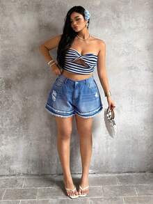Shorts vaqueros de talla grande con lavado, desgastados y dobladillo deshilachado para el verano - Azul - Ver 7