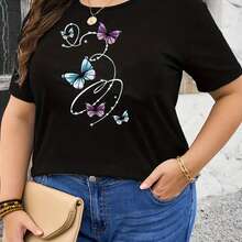 Plus Size, Plus Size T-Shirt With Butterfly Print - Black - View 2