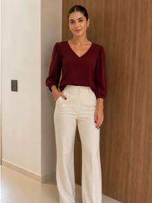 3/4 Length Polyester Blouse, Contrast Knit, Sizes M To XL, Perfect For Daily Wear, Holidays, Office, Home, And Autumn. - 酒紅色 - 查看 2