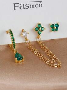3pcs/Set, Single Ear Wear, 18K Gold Plated Copper Hoop Earrings And Stainless Steel Stud Earrings, Sparkling Butterfly Zirconia Flower Earrings, Women's Cartilage/Helix/Tragus Double Hole Chain Piercing Earrings, Girls Gift Jewelry - 3pcs Earrings Set - View 9