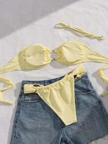 夏季女款性感鏤空純色抹胸後綁帶比基尼兩件式泳衣套裝，適合派對、音樂節、畢業季場合；優雅女款泳衣，時尚性感比基尼泳衣，女款海灘度假穿搭 - 黃色 - 查看 4