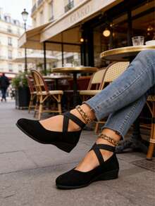 Cross-Strap Low-Cut Wedge Heels With Soft, Non-Slip Soles That Keep Your Feet Comfortable.Wedge Heel For Women Black Shoes - 黑色 - 查看 8