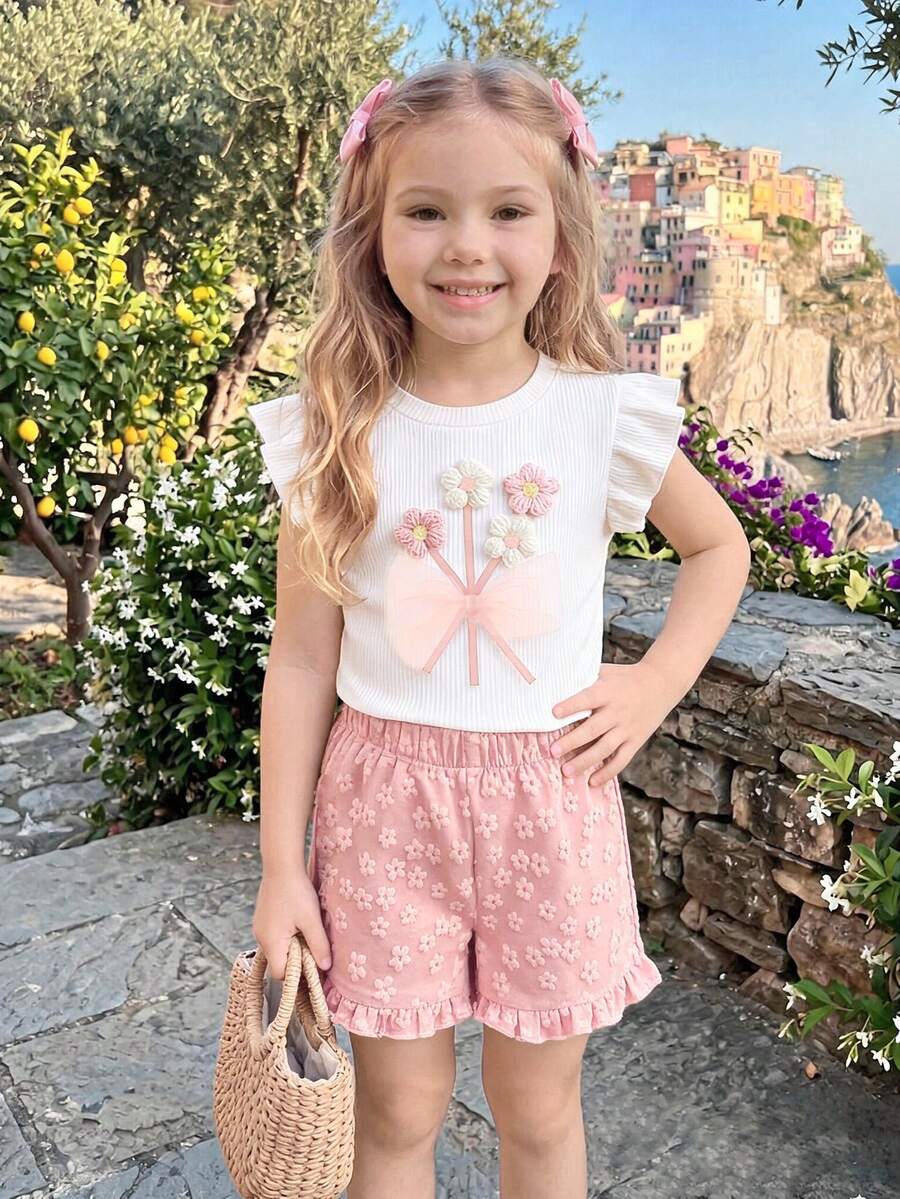 2-5 Jahre Kleinkind Mädchen süßes 3D Blumen Dekor Rundhals Kurzarm Lässig Tanktop und gelbe Rüschen Saum Shorts 2-teiliges Set, Sommer - Pink - Übersicht 1