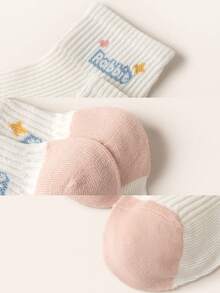 5 Paar Damen 100% Baumwolle atmungsaktive Mesh Kurzsocken, Cartoon Kaninchen Buchstaben & Herz Muster Streifen, Macaron Farbe Sommer dünne lässige Alltagssocken - Verschiedenfarbig - Übersicht 7