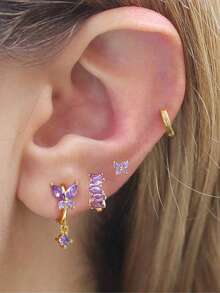 4pcs/Set Cute Butterfly Cubic Zirconia Earrings Set, Women's, 18K Gold Plated, Minimalist Stainless Steel Studs - 4pcs Earrings Set - View 2