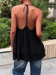Elegaris Atasan Crop Top Halter Neck Kasual Warna Polos Ringan, Gaya Pantai Bohemian Musim Panas Hitam - Hitam - View 2