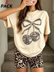 2PCS Y2K Teen Girls Matching Set, Leopard Bow Cherry Print Tee & Biker Shorts, Soft Casual Street Outfit - Apricot - View 1
