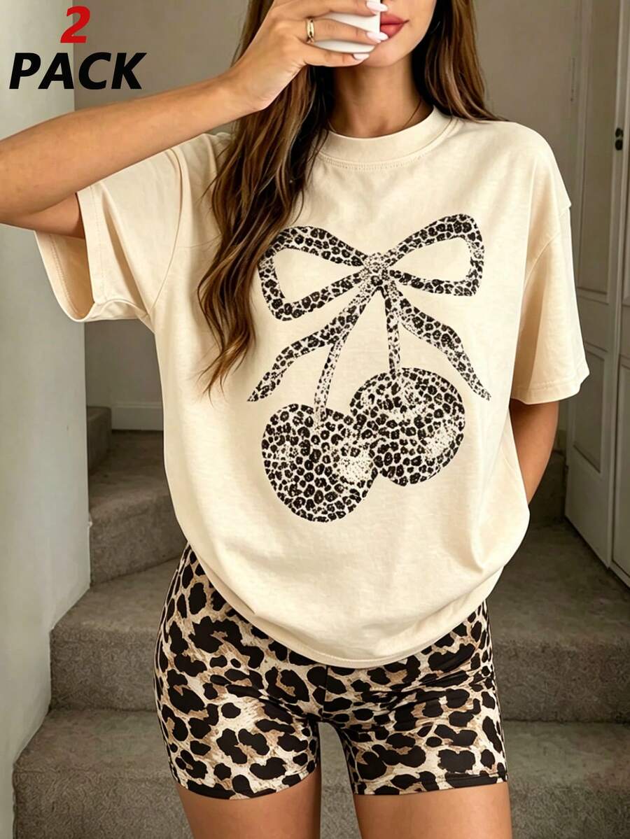 2PCS Y2K Teen Girls Matching Set, Leopard Bow Cherry Print Tee & Biker Shorts, Soft Casual Street Outfit - Apricot - View 1