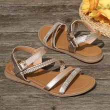 Aijiangluo Women's Vacation Style Woven Rhinestone Wedge Sandals, Metallic Snake Print Embossed Buckle Ankle Strap Sandals, Casual Outdoor Open Toe Beach Flat Shoes - Rose Gold - View 5