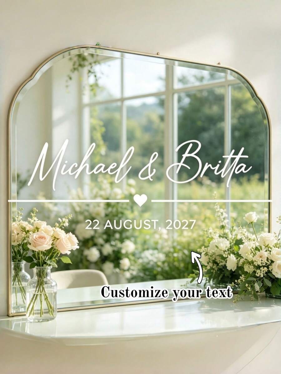 Customized Wedding Mirror Stickers,Personalized Heart-Shaped Wedding Custom Simple Font Name And Date Vinyl Wall Decal, Celebration Party Wall Sticker, Suitable For Shower Room, Party, Events, Personalized Welcome Sign, Decorative Mirror Stickers - Multicolor 7 - View 1