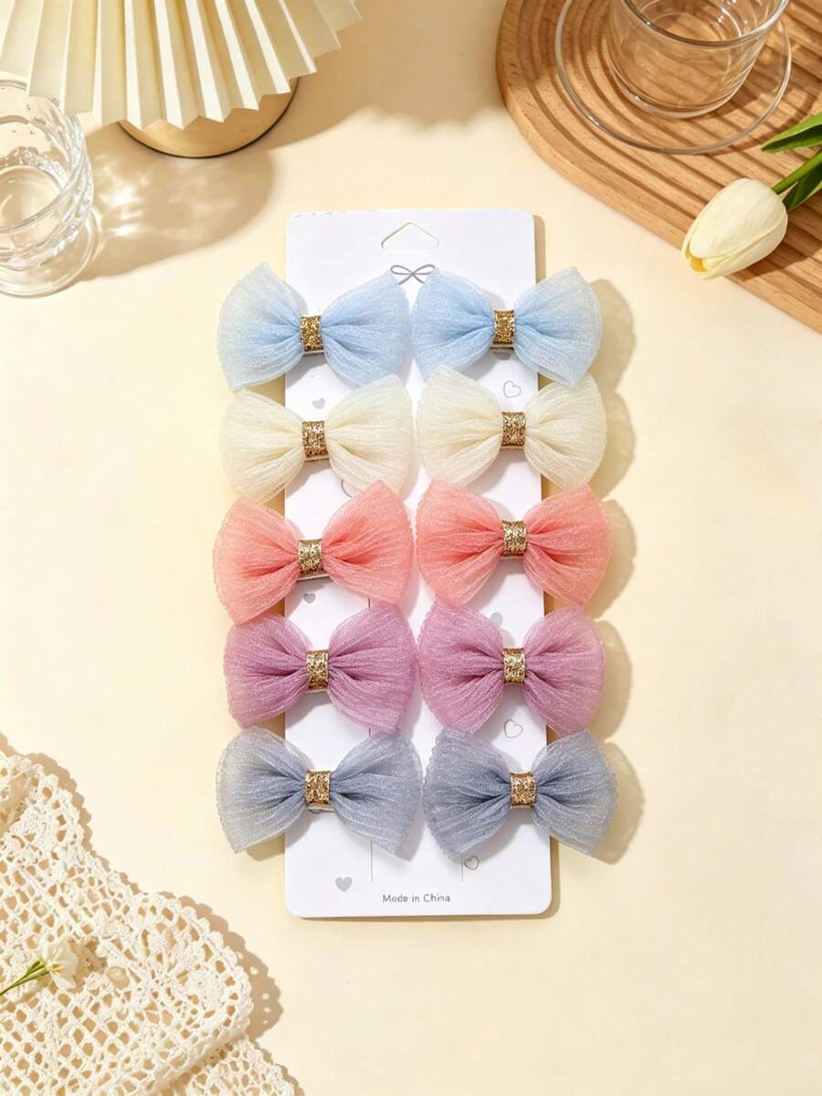10pcs Multicolor Hair Clips, Organza Candy Color Cinched Waist Bow Design, Skin-Friendly Non-Snagging Fabric Covered Clips, Suitable For All Seasons, Daily Home Casual, Holiday Party Celebration Gift, Fashionable Mom And Baby Essential, Cute Baby Photo Prop - Multicolor - View 1