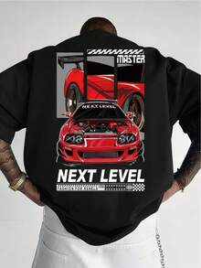 Patrón de ilustración de coche, carreras, desafíos de velocidad, adecuado para primavera y verano, unisex, camiseta de manga corta casual de moda de verano, diseño único, cuello redondo, ide - Negro - Ver 1