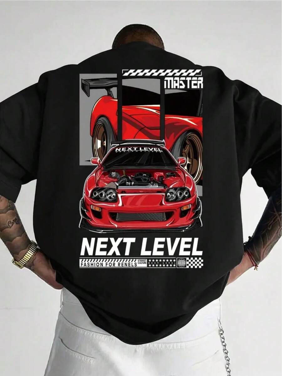Patrón de ilustración de coche, carreras, desafíos de velocidad, adecuado para primavera y verano, unisex, camiseta de manga corta casual de moda de verano, diseño único, cuello redondo, ide - Negro - Ver 1