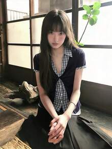 女士二合一格子短袖衬衫，修身翻领衬衫，带垫肩，学院风，适合初夏 - 藏蓝色 - 查看 5