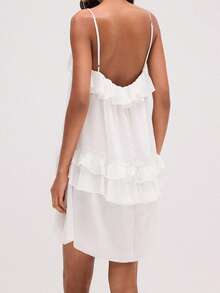 Summer Boho Flowy Ruffle Trim Cami Mini Dress Backless Loose Fit Casual Beach Vacation Short Dress For Wedding Party Graduation - 白色 - 查看 3