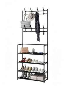 1 Multi-Functional Iron Art Coat And Shoe Rack, 4/5 Tiers, With 8 Hooks - Easy Assembly, Black/White Shoe Rack, Shoe Storage Rack - Multicolor - View 10