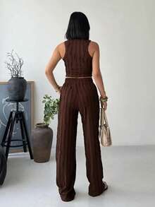 Women's Fitted Tank Top With Reverse Seam Crop Top And Wide Leg Pants 2 Pieces Set - Brown - View 3