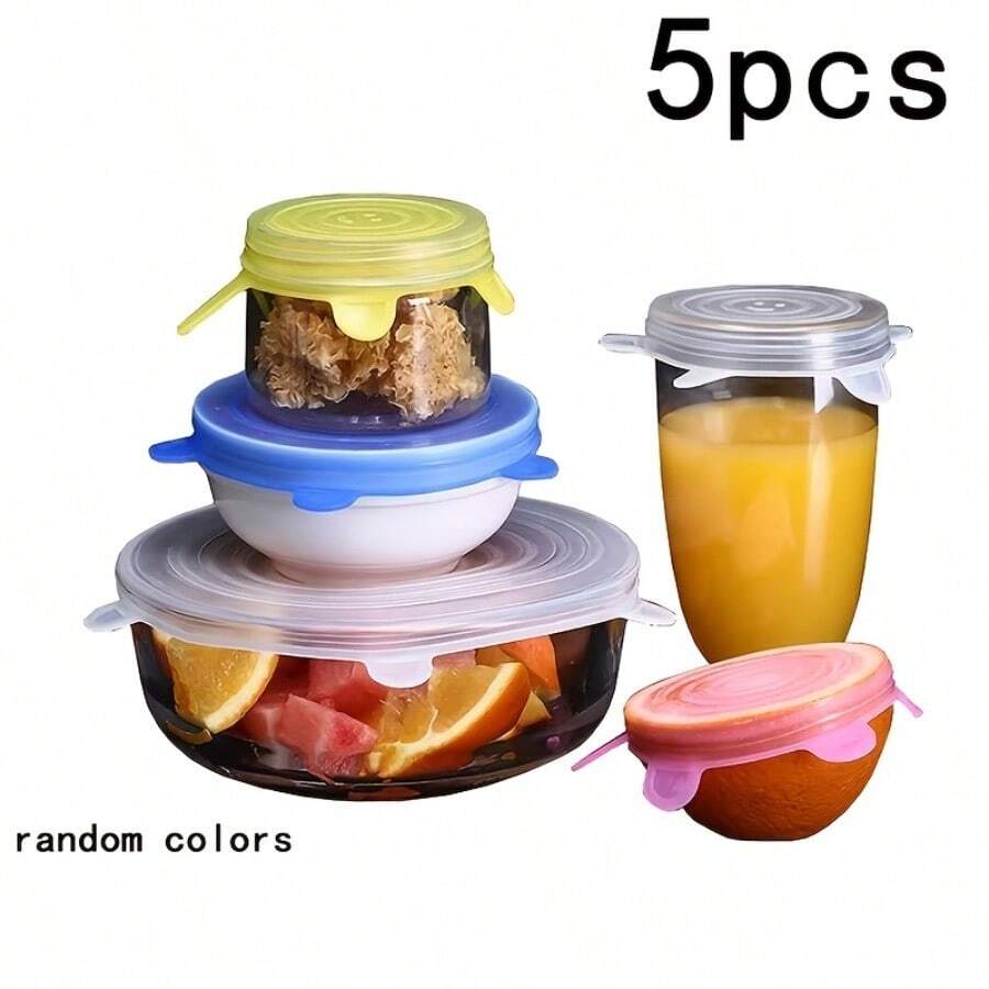 5Pcs Silicone Bowl Lid Sealed Dustproof Food Cover With Face Sealing Strip Reusable Kitchen Plastic Wrap Universal Fit Cups And Containers Keep Food Fresh - 5pcs Random Color - View 1