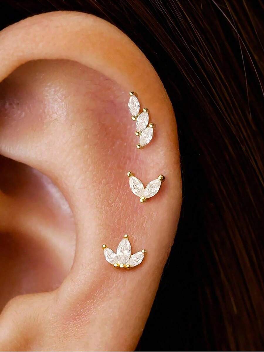 Bộ 3 món bông tai xoắn mạ vàng 18K thép không gỉ đính đá Cubic Zirconia, bông tai kẹp vành tai hình hoa đính đá Cubic Zirconia, trang sức hàng ngày cho nữ - Hoa3 - Xem 1
