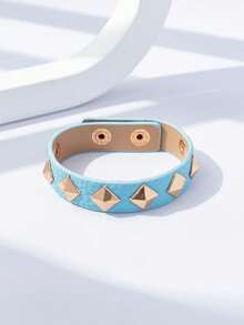 1pc Women's Rock Studded PU Triangle Rivet Motorcycle Dark Style Y2K Adjustable Bracelet With Buckle, Suitable For Daily Wear - Blue - View 2