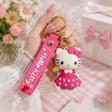 Miniso Sanrio Hello Kitty Figurine Keychain Holding Flower Bouquet Pink Dotted Dress Charm For Handbag Backpack Accessory Kawaii Aesthetic Gift - Pink - View 2
