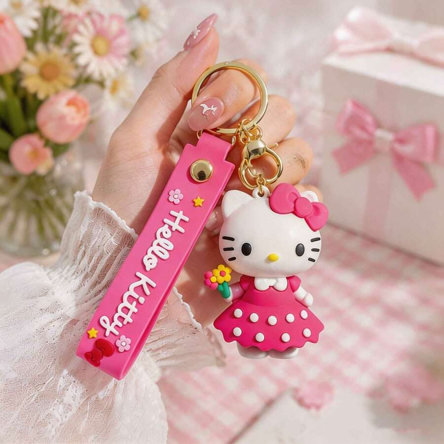 Miniso Sanrio Hello Kitty 粉色波點洋裝鑰匙圈,附花朵吊飾與手腕掛繩,適用手提包、後背包、錢包,生日聖誕禮物 - Pink - 查看 1