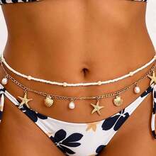 2pcs Women's Shell & Starfish Belt, Beach Vacation Style Starfish Shell Waist Chain, Beach Accessory Metal Waist Chain, Multi-Purpose For Party - Multicolor - View 5