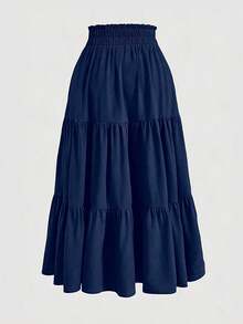 Women's High Waist Ruffle Maxi Skirt, One Size, Solid Color, For Autumn And Winter, For Work, Shopping And Parties - Navy Blue - View 1