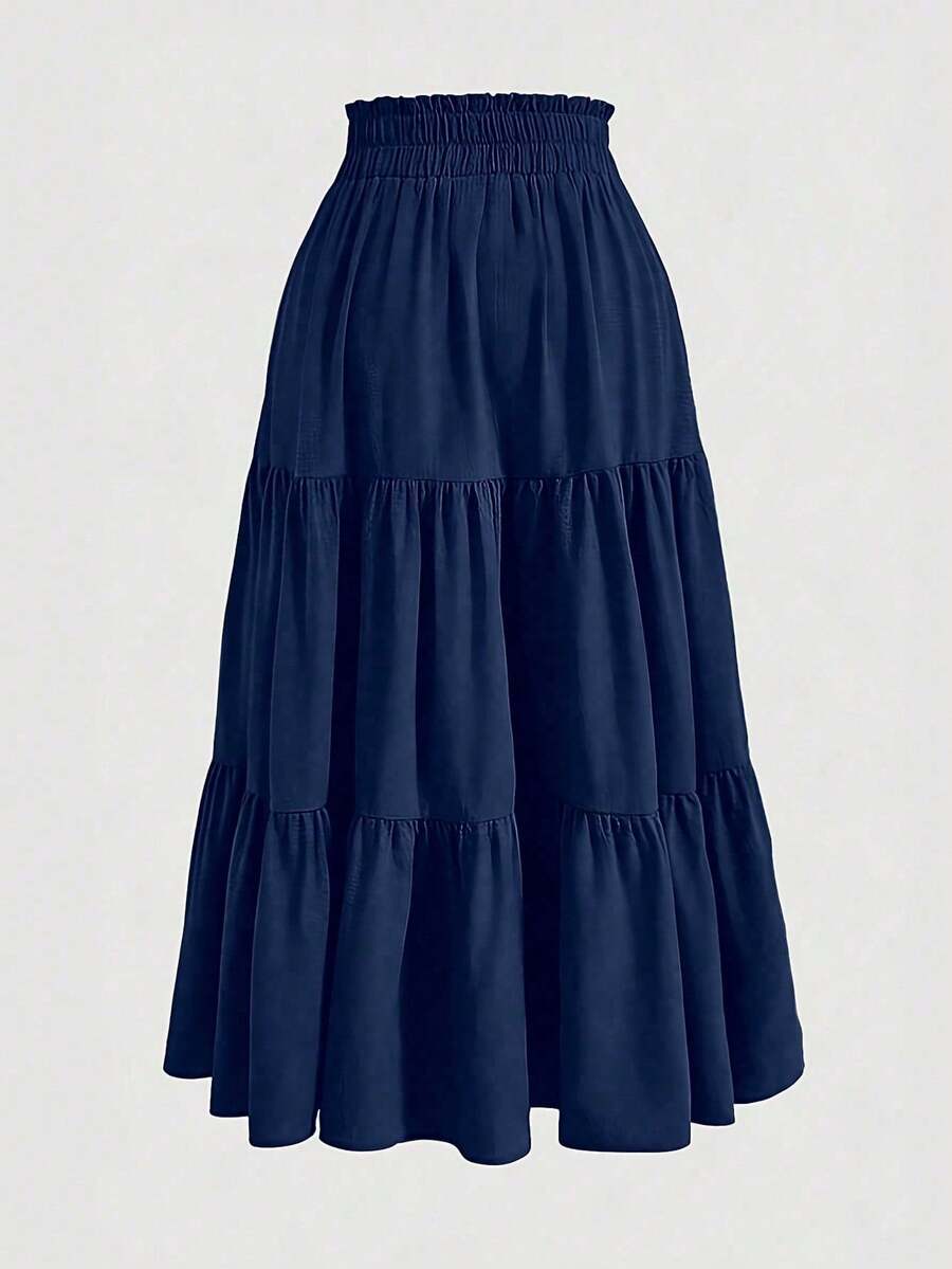 Women's High Waist Ruffle Maxi Skirt, One Size, Solid Color, For Autumn And Winter, For Work, Shopping And Parties - Navy Blue - View 1