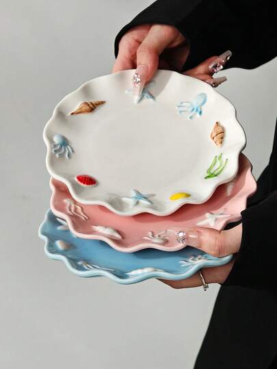 1pc/2pcs/4pcs 6-Inch Embossed Shell & Starfish Ceramic Plate, Ocean Style Dopamine Fruit Plate, Snack & Appetizer Dish, Nut & Candy Bowl, Bone Dish, Cake & Dessert Plate, Jewelry Storage Tray, Multi-Purpose, Party Supplies, Hotel Tableware, Elegant Gift