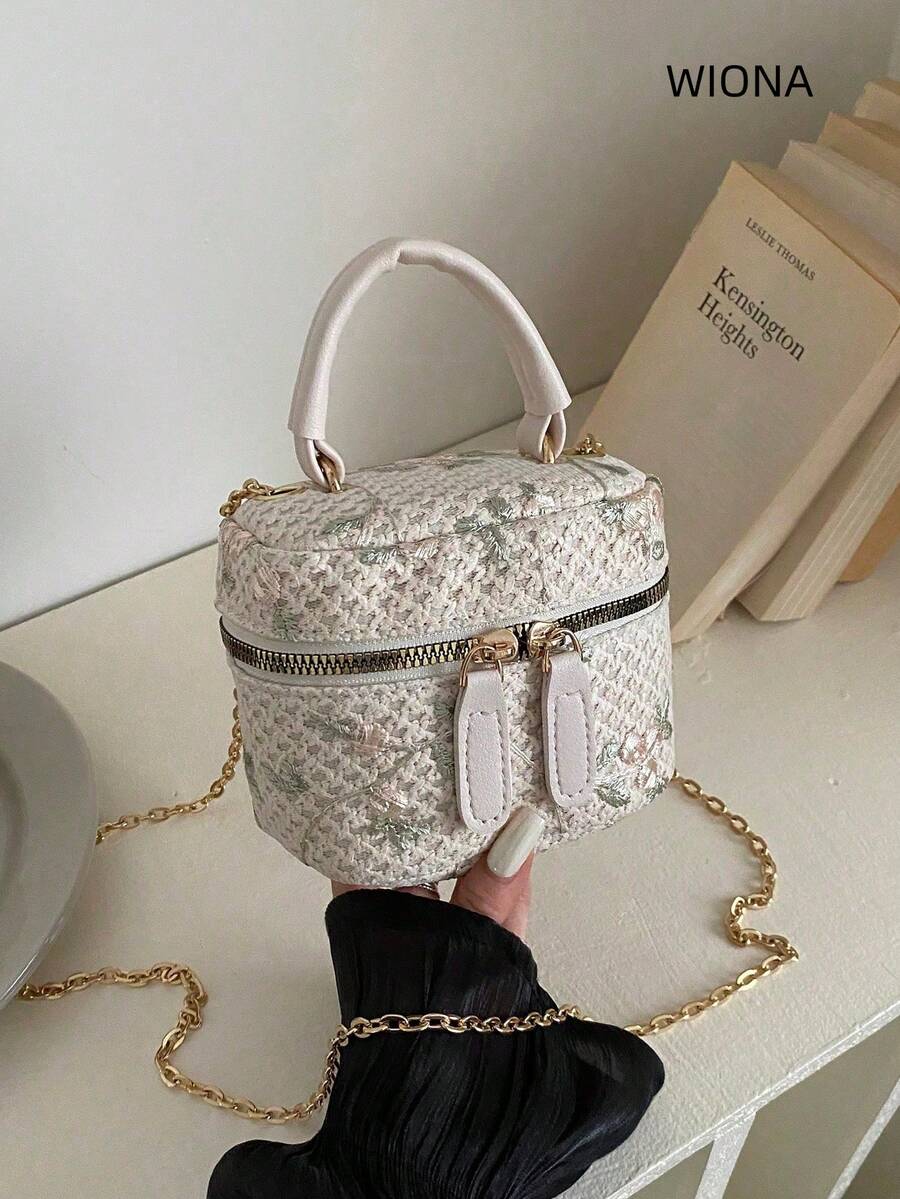 Bolso de paja tipo caja nuevo 2026 para verano, bolso de mano tipo cubo minimalista de un solo compartimento con correa de cadena para vacaciones - Beis - Ver 1