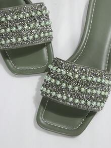 1 Pair Plus Size Black 3-Row Bead Fashion Elegant Solid Color Party New Style Luxury Non-Slip Outdoor Vacation Beach Comfortable Versatile Rhinestone Pearl Flat Square Toe Open Toe Indoor Home Slippers 41-43 Daily Women's Plus Size - Army Green - View 8