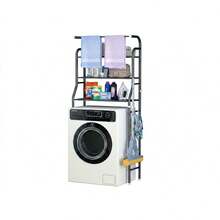 160x65x25cm Black Metal Laundry Shelf Organizer, Space-Saving Over-Washer Rack With Towel Bar - Black - View 5
