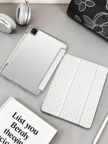 Beige Blue Polka Dot Tablet Case, Compatible With IPad Mini6/Mini7/Air/Air2/9.7/10.2/10.5/10.9 (Air4-Air8)/Pro 11/10th Gen/A16/Pro 11 2024 Models, Painted Pattern Tablet Case, Transparent Acrylic Back Shell, Tri-Fold Stand, Auto Sleep/Wake, Built-In Pencil Slot, Product Does Not Include Pencil, Some Models With Camera Frame - Multicolor - View 1