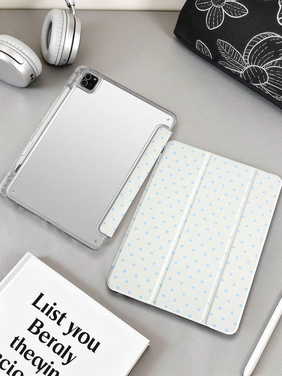 Beige Blue Polka Dot Tablet Case, Compatible With IPad Mini6/Mini7/Air/Air2/9.7/10.2/10.5/10.9 (Air4-Air8)/Pro 11/10th Gen/A16/Pro 11 2024 Models, Painted Pattern Tablet Case, Transparent Acrylic Back Shell, Tri-Fold Stand, Auto Sleep/Wake, Built-In Pencil Slot, Product Does Not Include Pencil, Some Models With Camera Frame - Multicolor - View 1