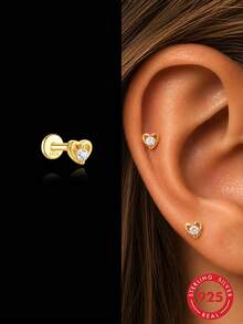 1pc 925 Sterling Silver Heart-Shaped Flat Back Stud Earrings, Crystal Cartilage Ear Studs, Faux Ear Piercing Jewelry, Spiral Helix Cartilage Piercing Accessories For Women - Gold - View 1