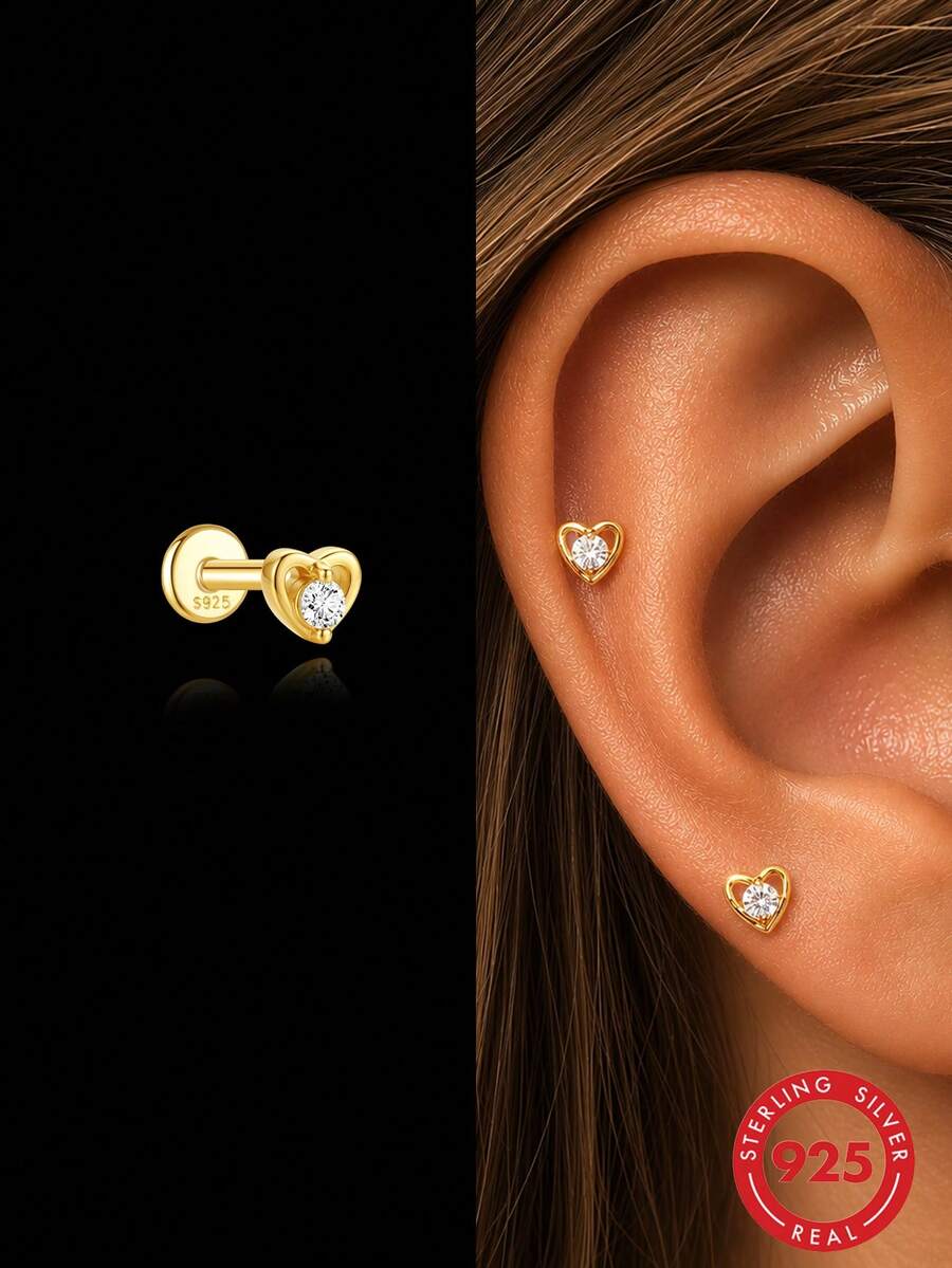 1pc 925 Sterling Silver Heart-Shaped Flat Back Stud Earrings, Crystal Cartilage Ear Studs, Faux Ear Piercing Jewelry, Spiral Helix Cartilage Piercing Accessories For Women - Gold - View 1