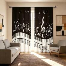 2pcs Black And White Piano Keys And Musical Notes Pattern Curtains, 2D Flat Print, Translucent, Suitable For Music Room, Bedroom And Living Room, Modern Music Theme Home Decor, Machine Washable - Multicolor - View 9