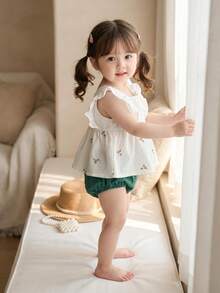 Conjunto de blusa de manga corta para bebé niña y pantalón corto de unicolor con diseño floral - Verde - Ver 10