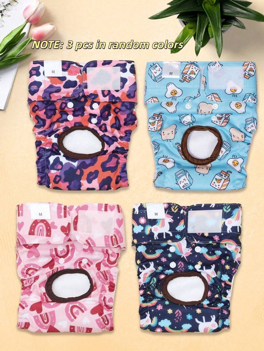 3pcs Random Color Washable Reusable Premium Female Dog Diapers, Medium, Large, Small Dog Suitable, Puppy Suitable, Heat Cycle Use (3pcs) - Multicolor - View 1
