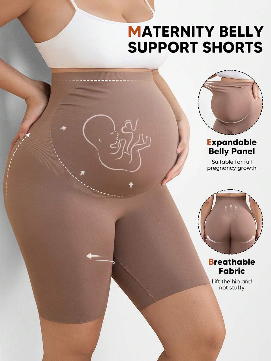 Shorts de Maternidade com Cintura Elástica Macia e Confortável para Apoio da Barriga - Caqui - Visão 1