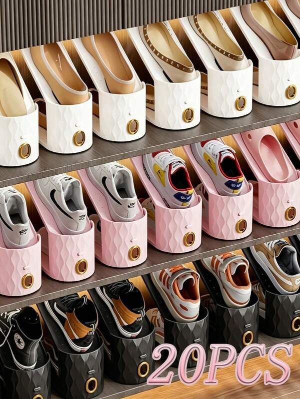 20 piezas Estantería de zapatos de lujo de doble capa, almacenamiento de dos capas que ahorra espacio en el armario de zapatos, ajustable de forma dual apto para la mayoría de los tipos de zapatos, estantería de almacenamiento de ranuras para zapatos, estantería de almacenamiento apilable para un par de zapatos, doble capa reforzada ajustable que ahorra un 50% de espacio para zapatos, se puede guardar en el armario, estantería vertical para zapatos, estantería de almacenamiento de zapatos, estantería de zapatos que ahorra espacio apta para armario, entrada y dormitorio, estantería de zapatos de plástico resistente apta para zapatillas, tacones altos y zapatos planos, almacenamiento de zapatos de tacón alto de verano, estantería de almacenamiento
