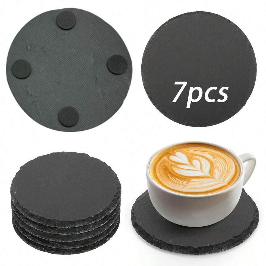 7pcs Natural Stone Coasters, Suitable For Laser Engraving, Round Thick Stone Coasters, Scratch-Resistant Bottom, Compatible With Laser Engraving, Home Desk Protection Pad, Bar Decor, Gift (Black Stone) - Black - View 1
