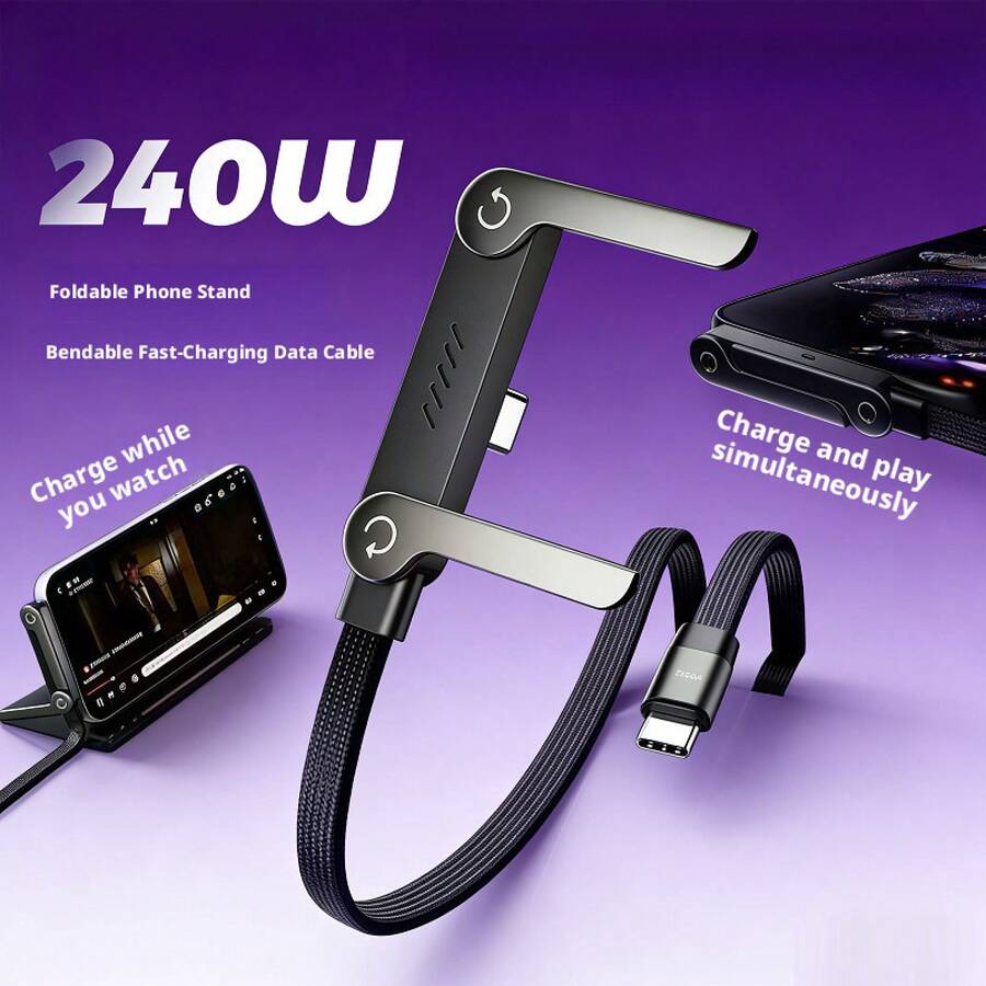 240W Fast Charging Stand Cable With E-Mark Chip, High-Speed USB Data & Power Cord, Phone Holder Design, Multi-Device Quick Charge Cable - C-c Bracket Data Cable [1.5m] - View 1
